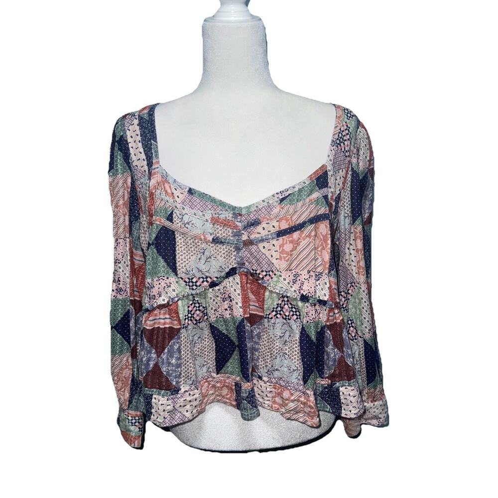 American Eagle Women Medium Top Patchwork Babydoll Cottagecore Cropped Going Out